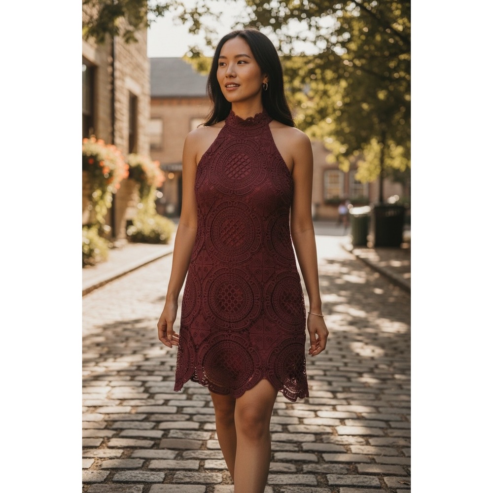 Charlotte Russe Burgundy Lace Halter Mock Neck Shift Dress XL D85156CR